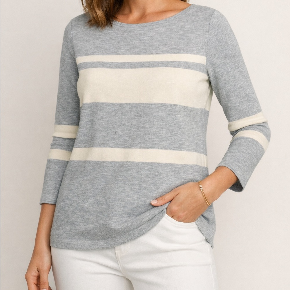 3/$25 L.K. Bennett London Grey & Cream Striped Knit Top | Size M